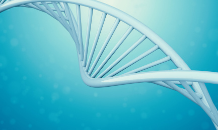 三维渲染的DNA螺旋双链模型在蓝色的液体背景中