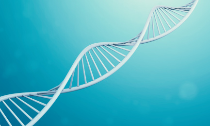 三维渲染的DNA螺旋双链模型在蓝色的液体背景中