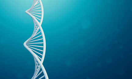 三维渲染的DNA螺旋双链模型在蓝色的液体背景中