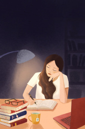 深夜在办公桌前辛苦加班工作的女性——插画