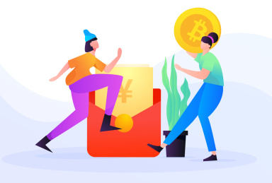 男女使用手机邀请好友获得红包比特币返现，矢量扁平概念插画