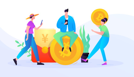 男女使用手机邀请好友获得红包比特币返现，矢量扁平概念插画