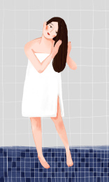 在浴室中洗头发的女人插画