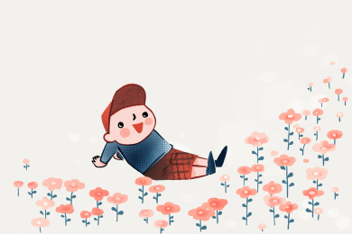 春天坐在花丛中赏花的男孩插画