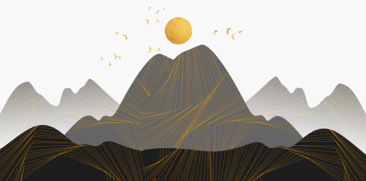  手绘金色线条中国风意境水墨山水风景画