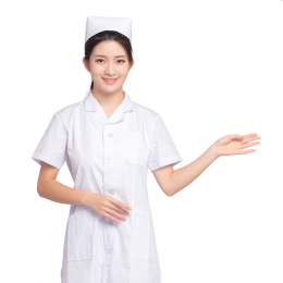  白色背景里，手臂前伸的年轻女护士