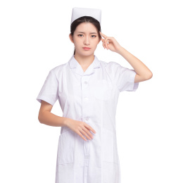  白色背景里，工作头疼的年轻女护士