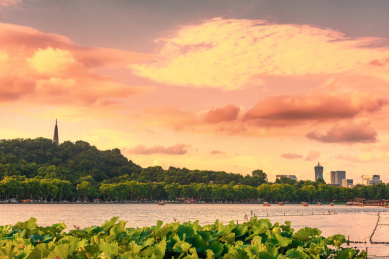 中国浙江杭州，夏天的西湖与宝石山黄昏风光