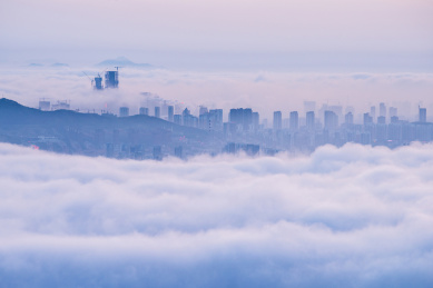 中国山东青岛城市平流雾奇观