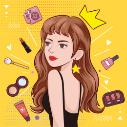 手绘插画穿吊带裙的长发时尚女神