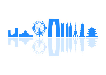 蓝色中国苏州城市建筑轮廓矢量插画