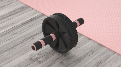 健身题材的木质地板上的塑胶健腹轮和瑜伽垫，3d渲染