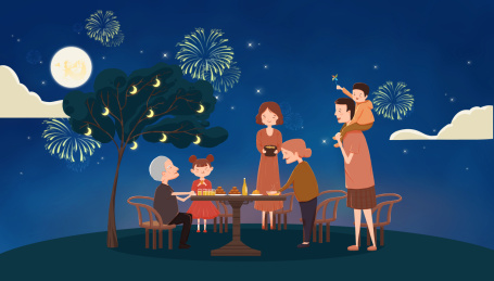 中秋节的夜晚一家人欢乐的吃饭赏月 天空放着烟花的夜晚和家人一起吃月饼插画