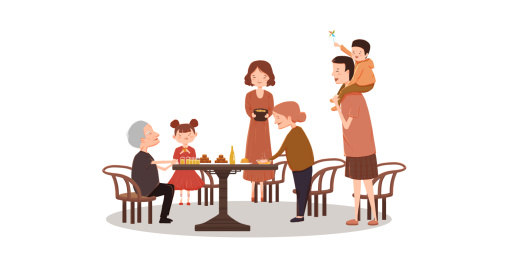 开心的一家人正在吃饭插画素材 端着饭菜的妈妈和坐在父亲背上的孩子