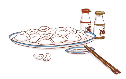 一盘饺子旁边放着筷子碟子和佐餐的醋、酱油 手绘插画