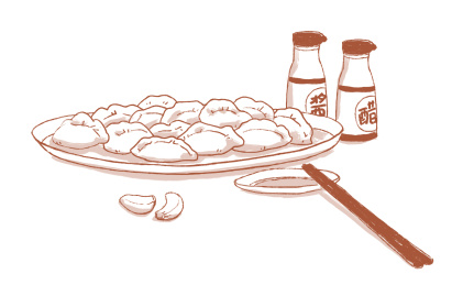 一盘饺子旁边放着筷子碟子和佐餐的醋、酱油 单色手绘插画