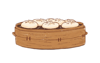 一屉中国传统美食灌汤包 手绘插画