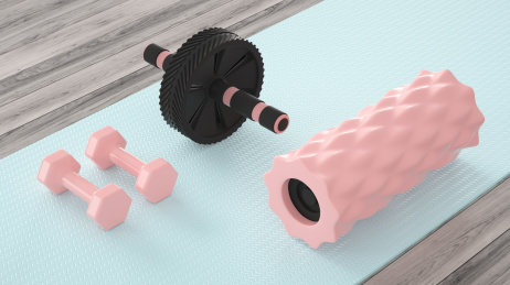 健身题材的木质地板上的塑胶健腹轮，泡沫轴和瑜伽垫，3d渲染