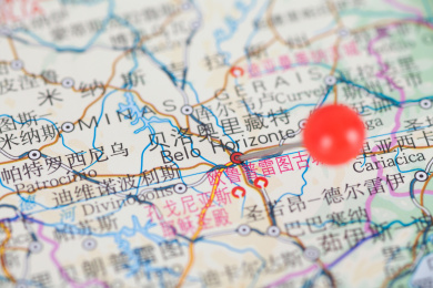 大头钉标注巴西城市贝洛奥里藏特在地图上的位置