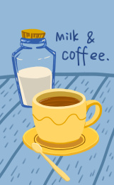 一杯咖啡和一瓶牛奶放在桌上 手绘插画海报