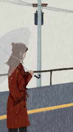 下雨天里打伞的红衣女孩在公路上