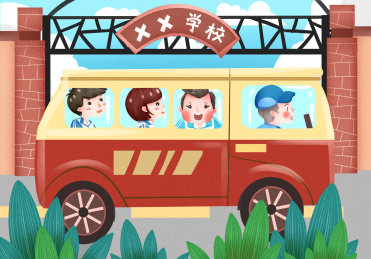 开学学生们乘坐校车上学校  可爱风格开学季插画