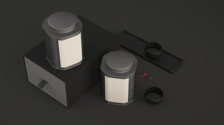 中国风题材的茶叶罐、包装和茶杯茶盏，3d渲染