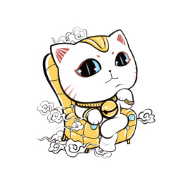 一只坐在金色沙发上托腮耍酷的招财猫