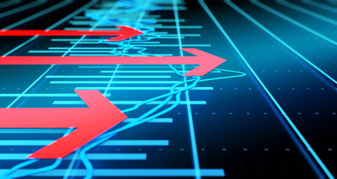 三维插图，金融股市经济统计图表，经济图表，成功箭头