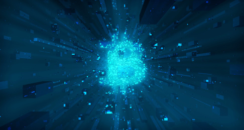 三维插图，未来数据金融科技，数据传输与货币符号，比特币