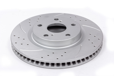 原装位划线打孔刹车盘放在白色底背景上