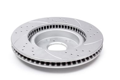 原装位划线打孔刹车盘放在白色底背景上