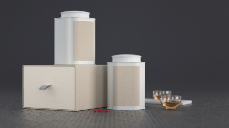 中国风题材的茶叶罐、包装和茶杯茶盏，3d渲染