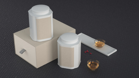 中国风题材的茶叶罐、包装和茶杯茶盏，3d渲染
