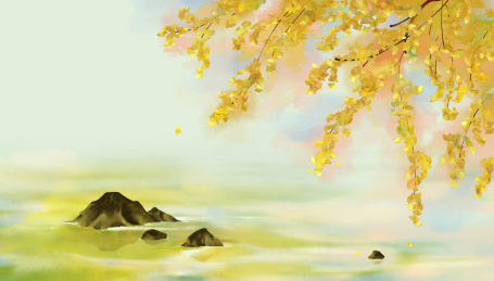 金黄色的银杏叶垂在水面上 落叶场景插画