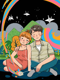 唯美清新治愈情侣爱情意境向往的生活插画