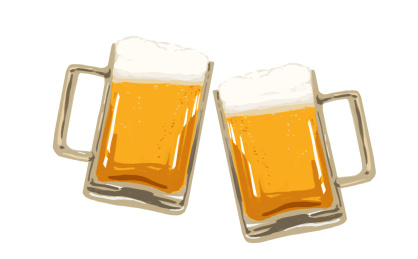 两杯扎啤互相碰杯 卡通风格手绘插画