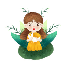 原创手绘处暑在草地里抓鸭子的小女孩