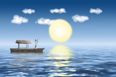 李白站在小舟上举杯望向海面上缓缓升起的明月的背景插图