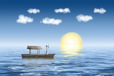 李白站在小舟上举杯望向海面上缓缓升起的明月的背景插图