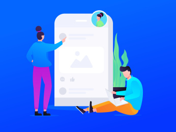 科技感刷朋友圈的女孩与工作的男子共同协作，概念商业扁平矢量插画