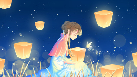 在夜晚，少女跪坐在草地上放孔明灯，治愈唯美插画。
