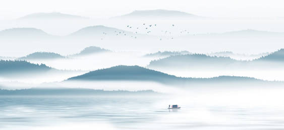 写意中国风蓝色意境水墨山水画