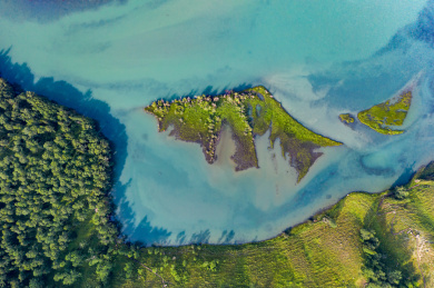 航拍俯瞰中国新疆喀纳斯景区恐龙湾景区湖区
