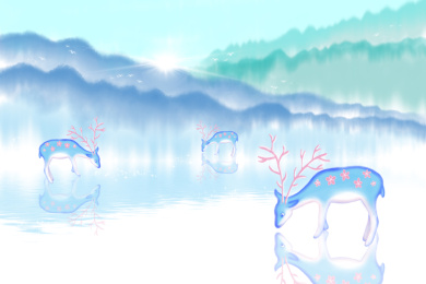 清晨太阳初升山水朦胧,三只低头悠闲饮水的梅花鹿水墨风插画