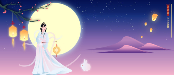 中秋节里嫦娥仙女提着月饼形状的花灯欣赏月亮,中国传统节日插画背景