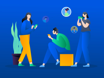 科技版通过手机进行社交活动认识更多的朋友，矢量可编辑概念人物插画