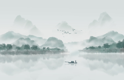 写意中国风淡雅意境水墨山水画