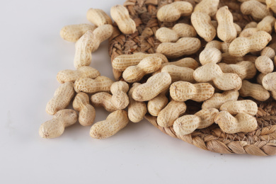 圆润饱满的花生放在白色桌面上