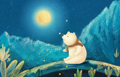 一只孤独的小熊仰望满是星空的夜晚——插画